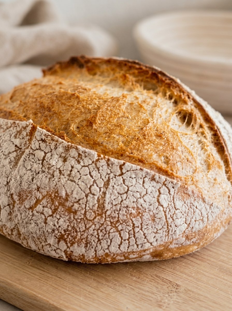 A sourdough loaf with a golden, flour-dusted crust on a wooden board