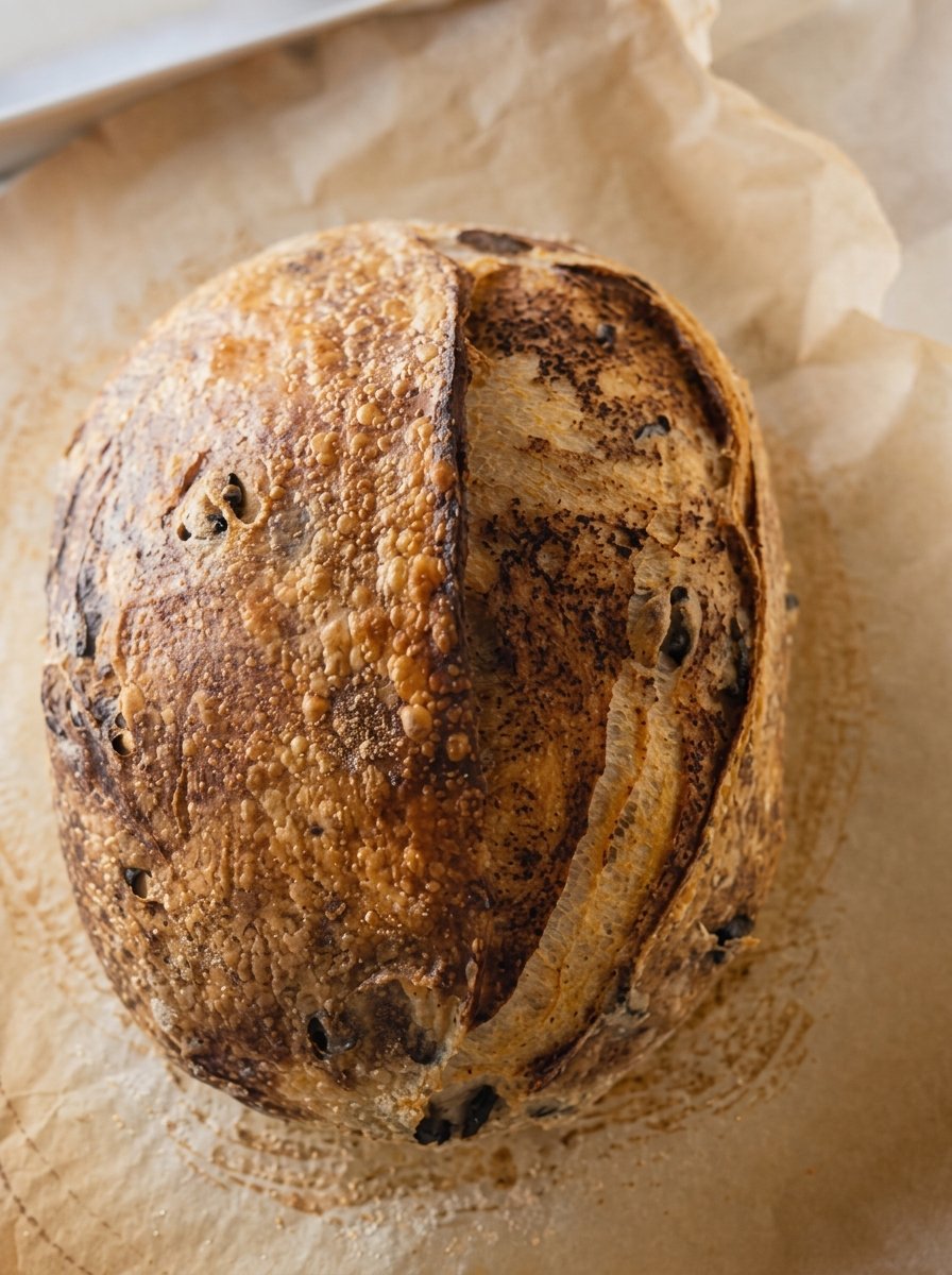 A deeply baked sourdough loaf resting on parchment