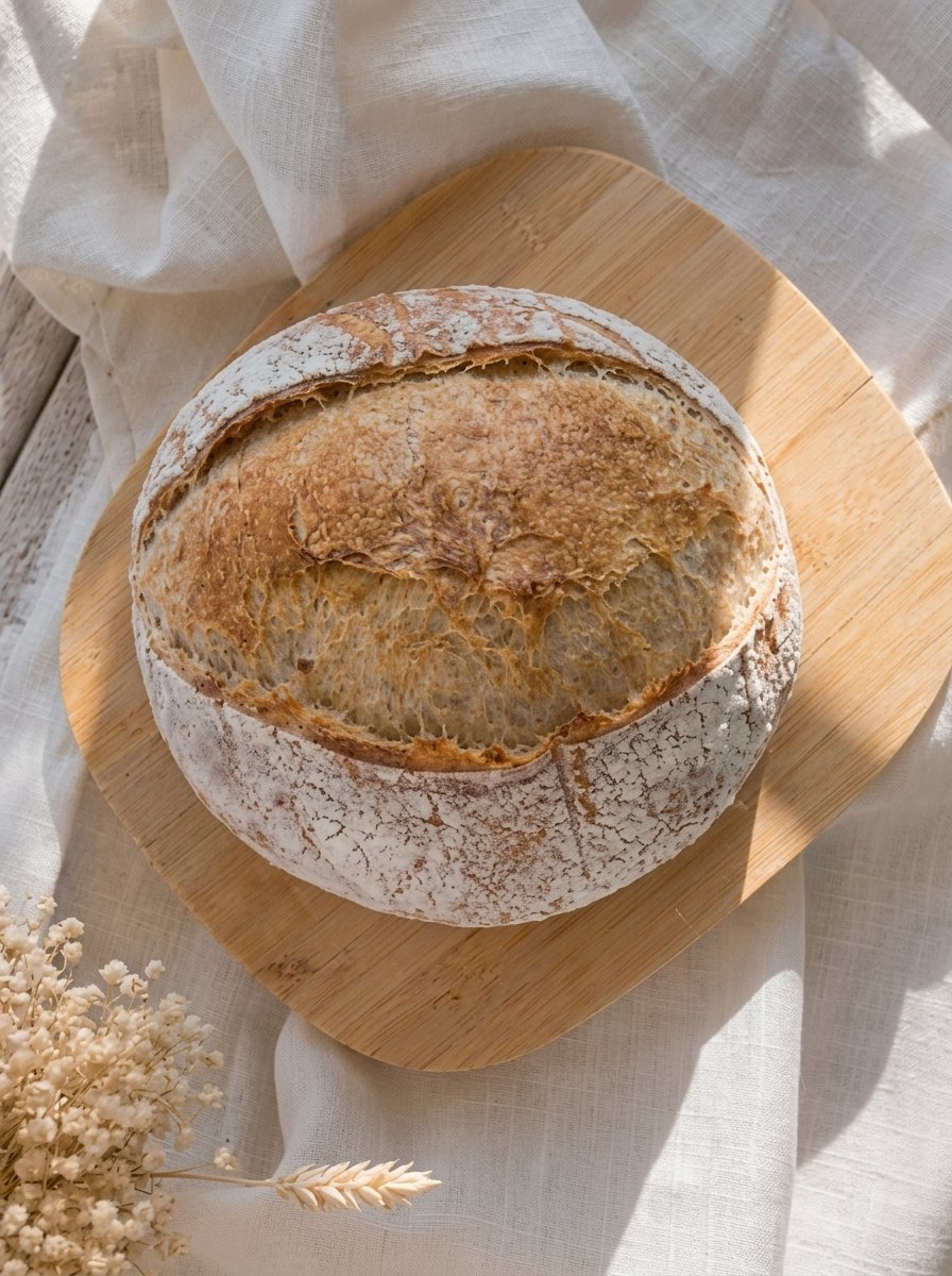 A round sourdough loaf on a bamboo board with dried flowers