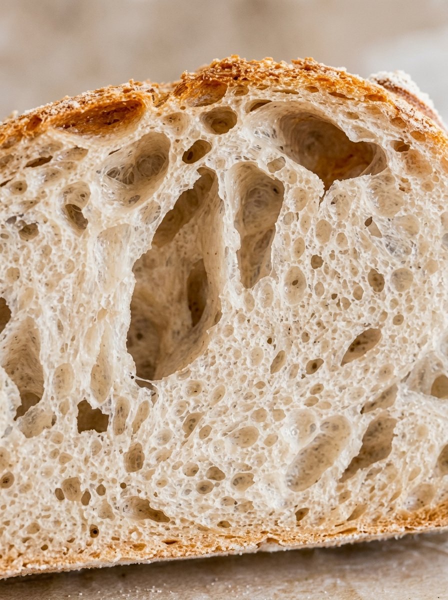 A cut sourdough loaf showing an open, airy crumb